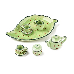 Porcelain Tea Set Decorations, Yellow Green, Size: Saucer: about 17~78mm long, 17~48mm wide, 5~6.5mm thick, Teapot: about 13~23mm long, 13~31mm wide, 12~19mm thick, Teacup: about 10mm long, 16mm wide(SJEW-R008)