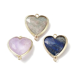 Natural Amethyst & Lapis Lazuli & Amazonite Connector Charms, with Rack Plating Light Gold Plated Edge Brass Loops, Faceted, Heart, 25x21x7mm, Hole: 1.6mm(G-G012-01G-01)