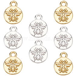 8Pcs 2 Colors Brass Charms, Flat Round with Bee, Mixed Color, 10~14x8~14x1.5~2mm, Hole: 1~3.5mm, 4pcs/color(KK-BC0010-02)