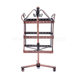 Iron Rotating 3-Tier Earring Display Stand, for Hanging Dangle Earring, 96 Holes, Red Copper, 120x120x240mm(EDIS-K002-05R)