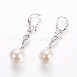 Brass Dangle Earrings, with Clear Cubic Zirconia and Shell Pearl, Long-Lasting Plated, Platinum, 43.5mm, Pin: 1mm(EJEW-E196-04P)