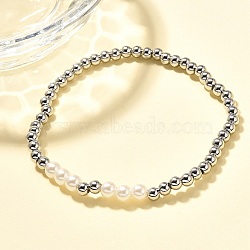 Brass Beaded Stretch Bracelets for Women, with ABS Plastic Pearl, Platinum, Inner Diameter: 2-1/8 inch(5.4cm)(BJEW-U018-01P)