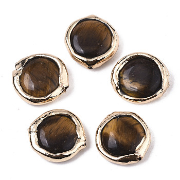 Natural Tiger Eye Beads, with Light Gold Plated Polymer Clay Edge, Flat Round, 17~19x17~18x5~7mm, Hole: 1.2mm