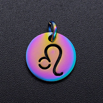 Rainbow Color Ion Plating(IP) 201 Stainless Steel Charms, with Jump Rings, Flat Round with Constellation/Zodiac Sign, Leo, 12x1mm, Jump Ring: 5x0.8mm, Inner Diameter: 3mm