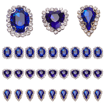 30Pcs 3 Style Sew on Rhinestone, Glass Rhinestone, with Alloy Prong Settings, Oval & Heart & Teardrop, Blue, 15~18x12~14x5~5.5mm, Hole: 1mm, 10pcs/style
