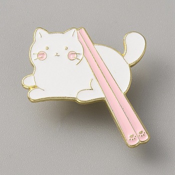 Cat and Food Enamel Pin, Light Gold Alloy Badge for Backpack Clothes, White, 31x30x2mm