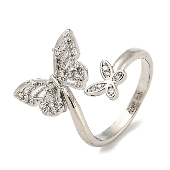 Brass with Cubic Zirconia Open Cuff Rings, Butterfly, Platinum, US Size 5(15.7mm)