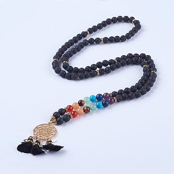 Chakra Jewelry, Natural Gemstone and Lava Rock Pendant Necklaces, with Alloy and Iron Findings, Golden, 35.8 inch (91cm)