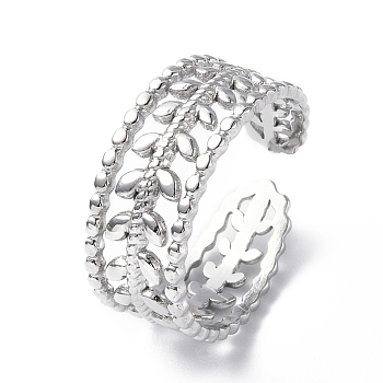 304 Stainless Steel Leafy Branch Open Cuff Ring for Women, Stainless Steel Color, Inner Diameter: 17mm