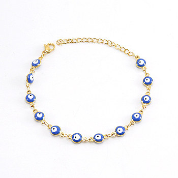 Real 18K Gold Plated Stainless Steel Enamel Evil Eye Link Chain Bracelet, Royal Blue, 6-3/4 inch(17cm)