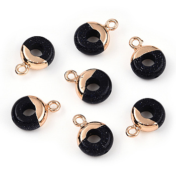 Synthetic Blue Goldstone Flat Round/Donut Charms, with Rack Plating Golden Tone Brass Loops, 14x10mm