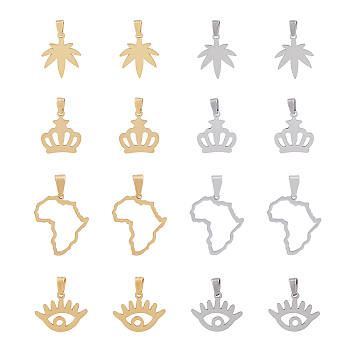 16Pcs 8 Style 304 Stainless Steel Pendants, Laser Cut, Hollow, Africa Map & Eye & Crown & Pot Leaf/Hemp Leaf, Mixed Color, 15.5~25x16~21x1~1.5mm, Hole: 2.5~3.5x4.5~6.5mm, 2pcs/style