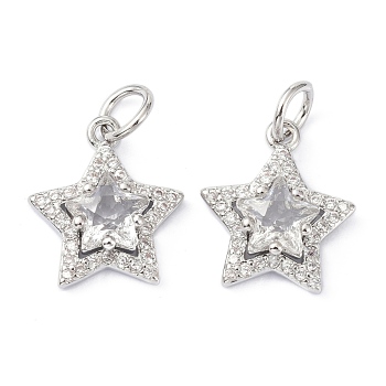 Brass Cubic Zirconia Charms, with Jump Ring, Long-Lasting Plated, Lead Free & Cadmium Free, Star, Real Platinum Plated, 13.5x11.5x4.5mm