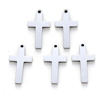 304 Stainless Steel Pendants, Laser Cut, Cross, Stainless Steel Color, 20x10x1mm, Hole: 1.2mm