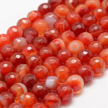 Faceted Natural Striped Agate/Banded Agate Beads Strands, Round, Dyed & Heated, Orange Red, 6mm, Hole: 1mm, about 60pcs/strand, 14.76~14.96 inch(37.5~38cm)