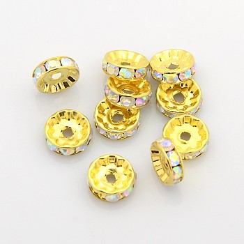 Brass Rhinestone Spacer Beads, Grade A, Straight Flange, Golden Metal Color, Rondelle, Crystal AB, 10x4mm, Hole: 2mm