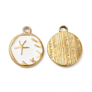 Vacuum Plating 201 Stainless Steel Enamel Pendants, Real 18K Gold Plated, Flat Round with Starfish Charm, White, 19x15x2mm, Hole: 2.6mm