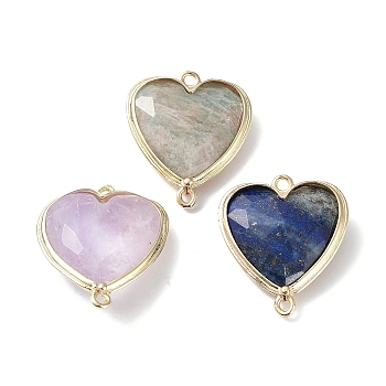 Natural Amethyst & Lapis Lazuli & Amazonite Connector Charms, with Rack Plating Light Gold Plated Edge Brass Loops, Faceted, Heart, 25x21x7mm, Hole: 1.6mm