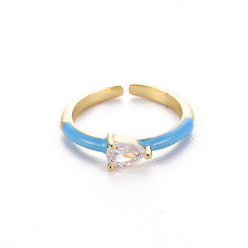 Brass Enamel Cuff Rings, Open Rings, Solitaire Rings, with Clear Cubic Zirconia, Nickel Free, Teardrop, Golden, Dodger Blue, US Size 7(17.3mm)