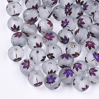 Autumn Theme Electroplate Transparent Glass Beads, Frosted, Round with Maple Leaf Pattern, Indigo, 10mm, Hole: 1.5mm