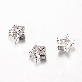 Brass Slide Charms, with Micro Pave Cubic Zirconia, Star, Platinum, 6x6x3mm, Hole: 2x0.5mm