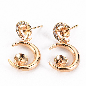 Brass Micro Pave Clear Cubic Zirconia Stud Earring Findings, for Half Drilled Bead, Nickel Free, Moon, Real 18K Gold Plated, 30x16.5mm, Pin: 0.7mm, Pin: 0.7mm(for half drilled bead)