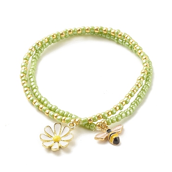2Pcs Glass Seed Beaded Stretch Bracelets Set, Alloy Enamel Bees & Flower Charm Bracelet for Women, Green Yellow, Inner Diameter: 2-1/8~2-1/4 inch(5.5~5.6cm), 1Pc/style