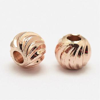 Brass Corrugated Beads, Round, Cadmium Free & Nickel Free & Lead Free, Real Rose Gold Plated, 4x3.2mm, Hole: 1.8mm