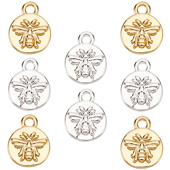 8Pcs 2 Colors Brass Charms, Flat Round with Bee, Mixed Color, 10~14x8~14x1.5~2mm, Hole: 1~3.5mm, 4pcs/color