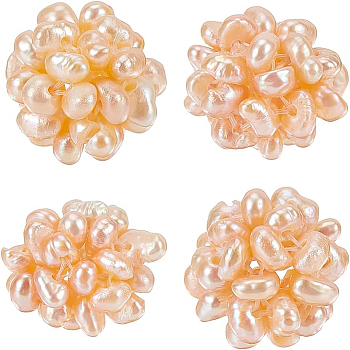 4Pcs Round Handmad Natural Pearl Woven Beads, Seashell Color, 12mm, Hole: 1.5mm