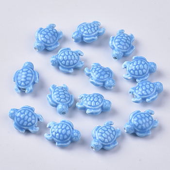 Handmade Porcelain Beads, Bright Glazed Porcelain Style, Tortoise, Dodger Blue, 19x15x8.5mm, Hole: 2mm