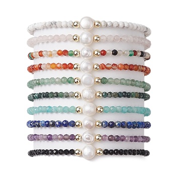 10Pcs 10 Style Faceted Round Natural & Synthetic Mixed Gemstone Beaded Stretch Bracelets Set, Stackable Bracelets with Natural Pearl, Inner Diameter: 2-1/2~3-3/8 inch(6.3~8.6cm), 1Pc/style