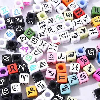 240Pcs 6 Style Opaque Acrylic European Beads, Large Hole, Cube with Constellation/Zodiac Sign, Mixed Color, 7x7x7mm, Hole: 3.5~4mm