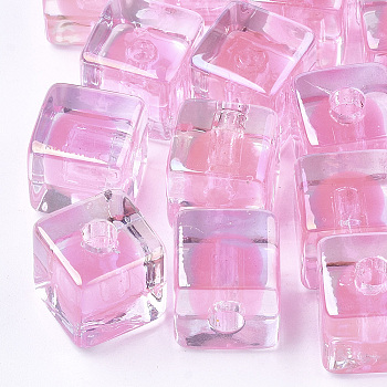 Transparent Acrylic Beads, UV Plating & Rainbow, Bead in Bead, Half Drilled Beads, Cube, Pearl Pink, 12.5x12.5x12.5mm, Half Hole: 3.5mm
