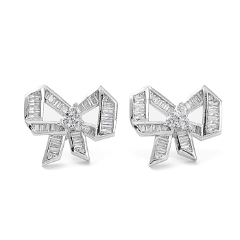 Bowknot Rack Plating Brass Cubic Zirconia Stud Earrings for Women, Long-Lasting Plated, Lead Free & Cadmium Free, Platinum, 18.5x21.5x4mm, Pin: 0.7mm