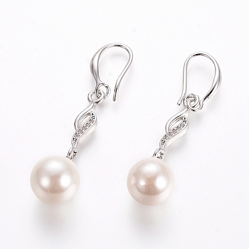 Brass Dangle Earrings, with Clear Cubic Zirconia and Shell Pearl, Long-Lasting Plated, Platinum, 43.5mm, Pin: 1mm