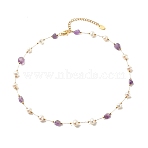 Natural Amethyst & Pearl Beaded Necklace, Gold Plated Stainless Steel Jewelry for Women, 15.98~16.14 inch(40.6~41cm)(NJEW-JN03894-03)