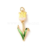 Brass with Enamel Pendants, Tulip Charms, Rack Plating, Long-Lasting Plated, Lead Free & Cadmium Free, Real 18K Gold Plated, Yellow, 32x12x6mm, Hole: 3mm(KK-CBA2F11-06G-02)