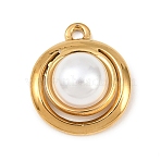 304 Stainless Steel & ABS Plastic Imitation Pearl Pendants, Flat Round Charms, Ion Plating(IP), Real 18K Gold Plated, 19x16x6.5mm, Hole: 1.6mm(STAS-Z185-01G)