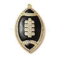 Rack Plating Brass Enamel with Cubic Zirconia Pendant, Cadmium Free & Lead Free, Long-Lasting Plated, Rugby, Black, 37x22x1.6mm, Hole: 1.2mm(KK-A229-32G-03)