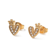 Heart with Crown 304 Stainless Steel Rhinestone Stud Earrings, 316 Surgical Stainless Steel Pin Ear Studs, with Ear Nuts, Golden, Crystal, 9x7.5mm, Pin: 0.7mm(EJEW-A081-16G-01)