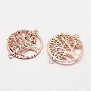 Brass Micro Pave Grade AAA Cubic Zirconia Links, Long-Lasting Plated, Tree of Life, Cadmium Free & Nickel Free & Lead Free, Real Rose Gold Plated, 24x17x2mm, Hole: 1mm(ZIRC-G090-95RG-NR)