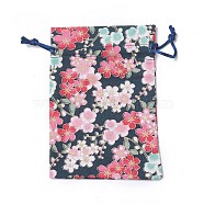 Burlap Packing Pouches, Drawstring Bags, Rectangle with Flower Pattern, Dark Blue, 14.2~14.7x10~10.3cm(ABAG-I001-10x14-07D)