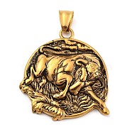 304 Stainless Steel Pendants, Flat Round with Bull Charm, Antique Golden, 42x37.5x6.5mm, Hole: 7.5x4.5mm(STAS-P367-04AG)