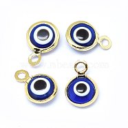 Handmade Evil Eye Lampwork Charms, with Brass Findings, Flat Round, Blue, Real 18K Gold Plated, 10x6.5x3mm, Hole: 1.5mm(KK-F764-13G-04)