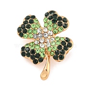 Alloy Rhinestone Clover Brooch, Golden, Emerald, 28.15x22mm(JEWB-U006-17KCG-01)