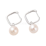 925 Sterling Silver Hoop Earring, with Natural Pearl, Platinum, 25x8.5mm(EJEW-H002-31P)