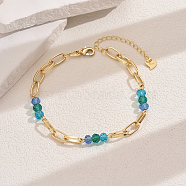 Fashionable Vintage Brass Oval & Glass Faceted Rondelle Beaded Anklets, Real 18K Gold Plated, Green, 8-5/8 inch(220mm)(ZC8020-5)