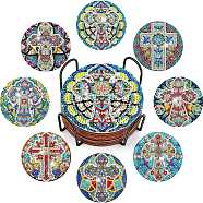 DIY Religion Cross Theme Diamond Painting Wood Cup Mat Kits, Including Coster Holder, Resin Rhinestones, Diamond Sticky Pen, Tray Plate & Glue Clay, Mixed Color, Packaging: 130x126x80mm(DIY-H163-09)
