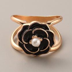 Enamel Flower Scarf Buckle Ring with ABS Imitation Pearl, Golden Alloy Clasp Holder for Women Girl, Black, 34x33x24mm(JEWB-WH0021-20B)